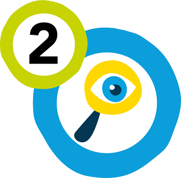 Schritt 2: Piktogramm einer Lupe mit dunkelblauem Griff und gelbem Glas, in welchem ein blaues Auge zu sehen ist.  
